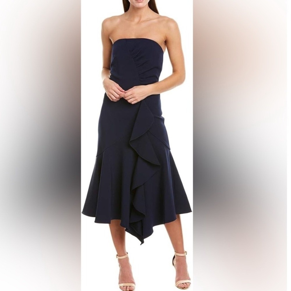Shoshanna Levanzo Strapless Ruffle Midi Dress Navy Blue Size 2 Formal Cocktail